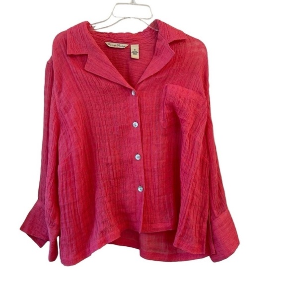 French Laundry Salmon Pink Coral Button Down Shirt Boxy Notched Collar 1X Linen - Picture 1 of 6
